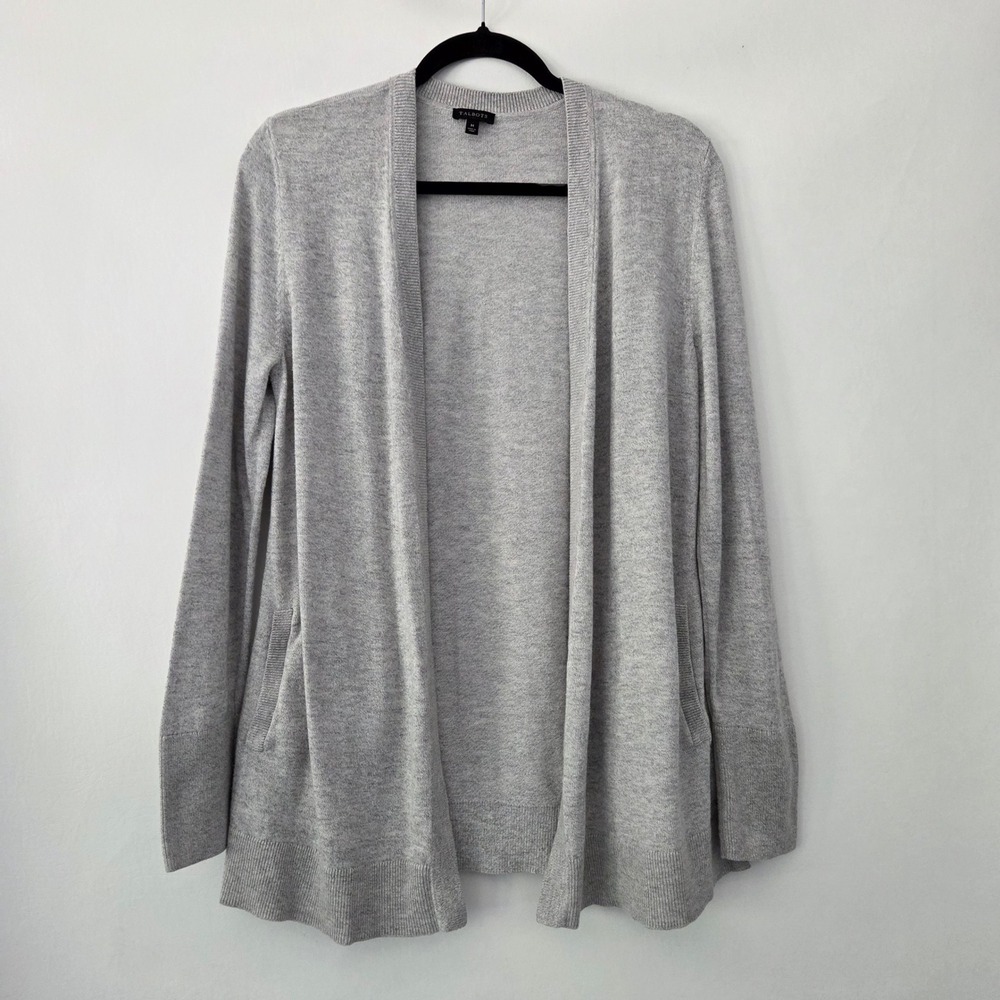 Talbots Cardigan Gray Open Front Cashmere Blend Pockets Womens Medium